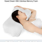 Woman using orthopedic memory foam pillow for neck support and improved sleep posture.