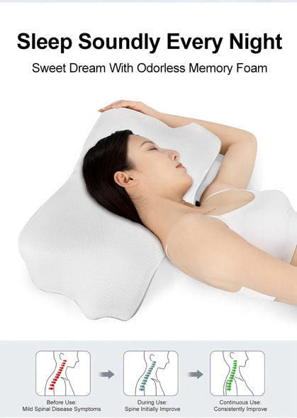 Woman using orthopedic memory foam pillow for neck support and improved sleep posture.