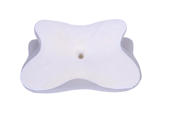 Orthopaedic memory foam pillow with central dip for enhanced neck support and spinal alignment.